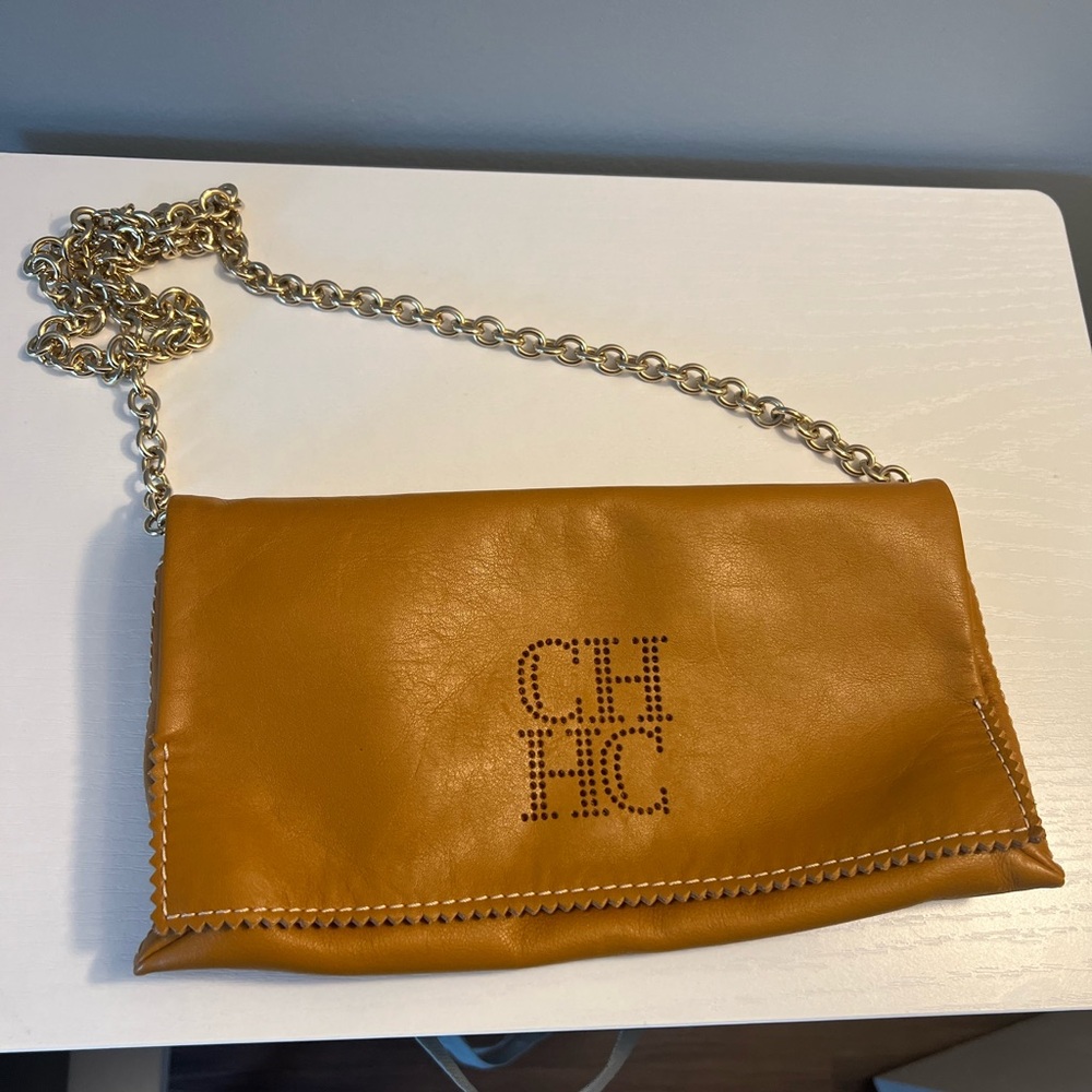 Carolina Herrera Tan Gold Clutch with crossbody Chain Strap